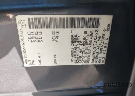 2012 Nissan Altima 2.5 S from USA, damaged, VIN 1N4AL2AP3CC225458